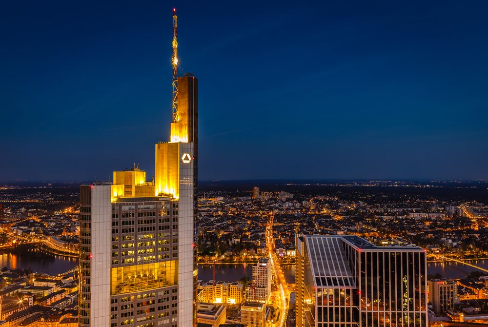 Commerzbank,Tower,In,Frankfurt,Am,Main,At,Sunset,Seen,From
