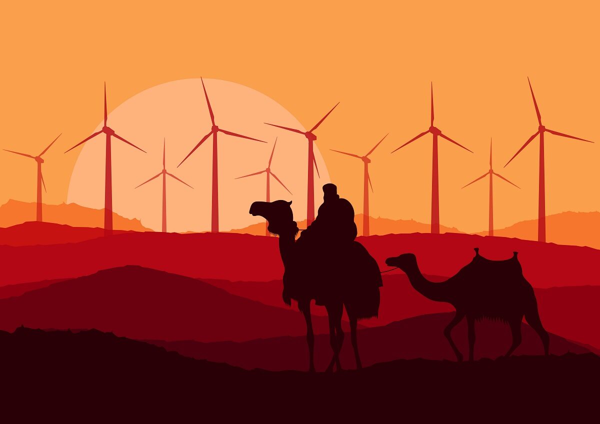 Wind,Electricity,Generators,,Windmills,And,Camel,Caravan,In,Desert,Landscape